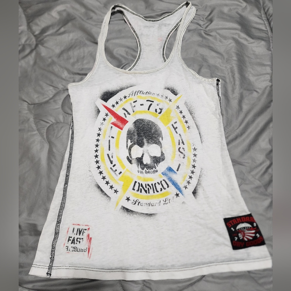 Affliction white racer back tank top. EUC. Women's XS